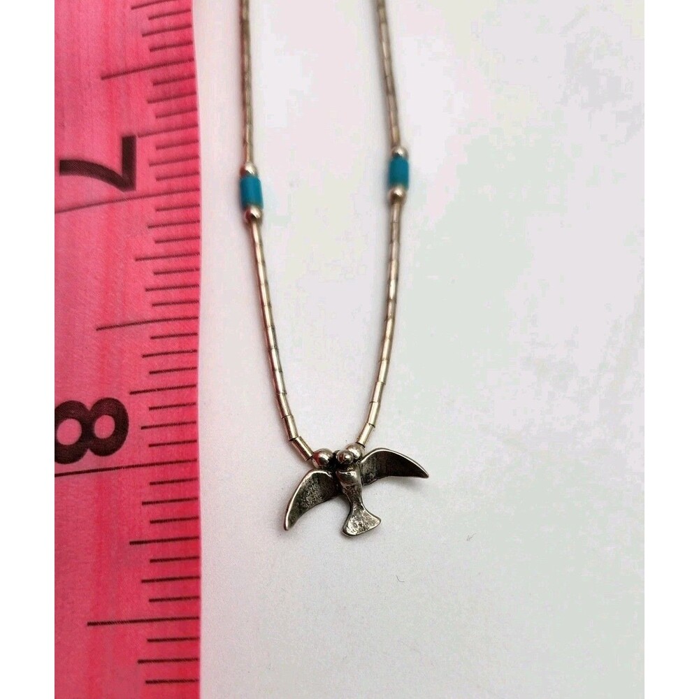 80s BIRD Necklace Spirit Wings Turquoise Liquid Sterling Silver Bead Native 15”